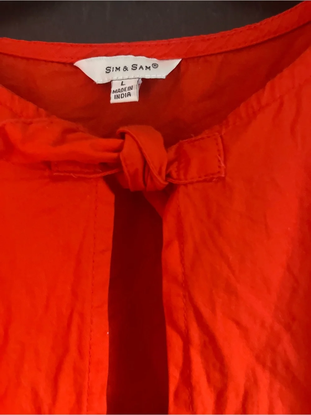Puff Sleeve Vibrant Red Orange Cotton Blouse with Tie Closure Size L Boho Summer - Picture 9 of 12